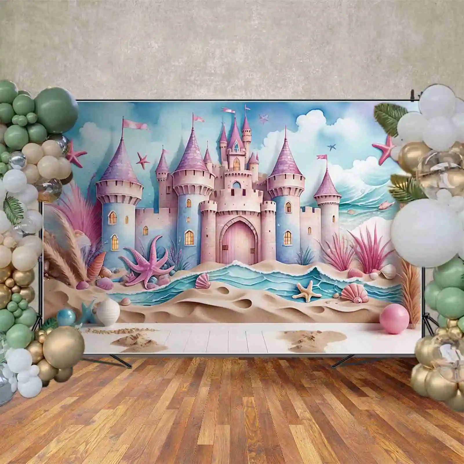 MOON.QG Summer Beach Birthday Party Backdrop Mermaid Princess Castle Shell Sand Background Custom Candy Land Photography Props