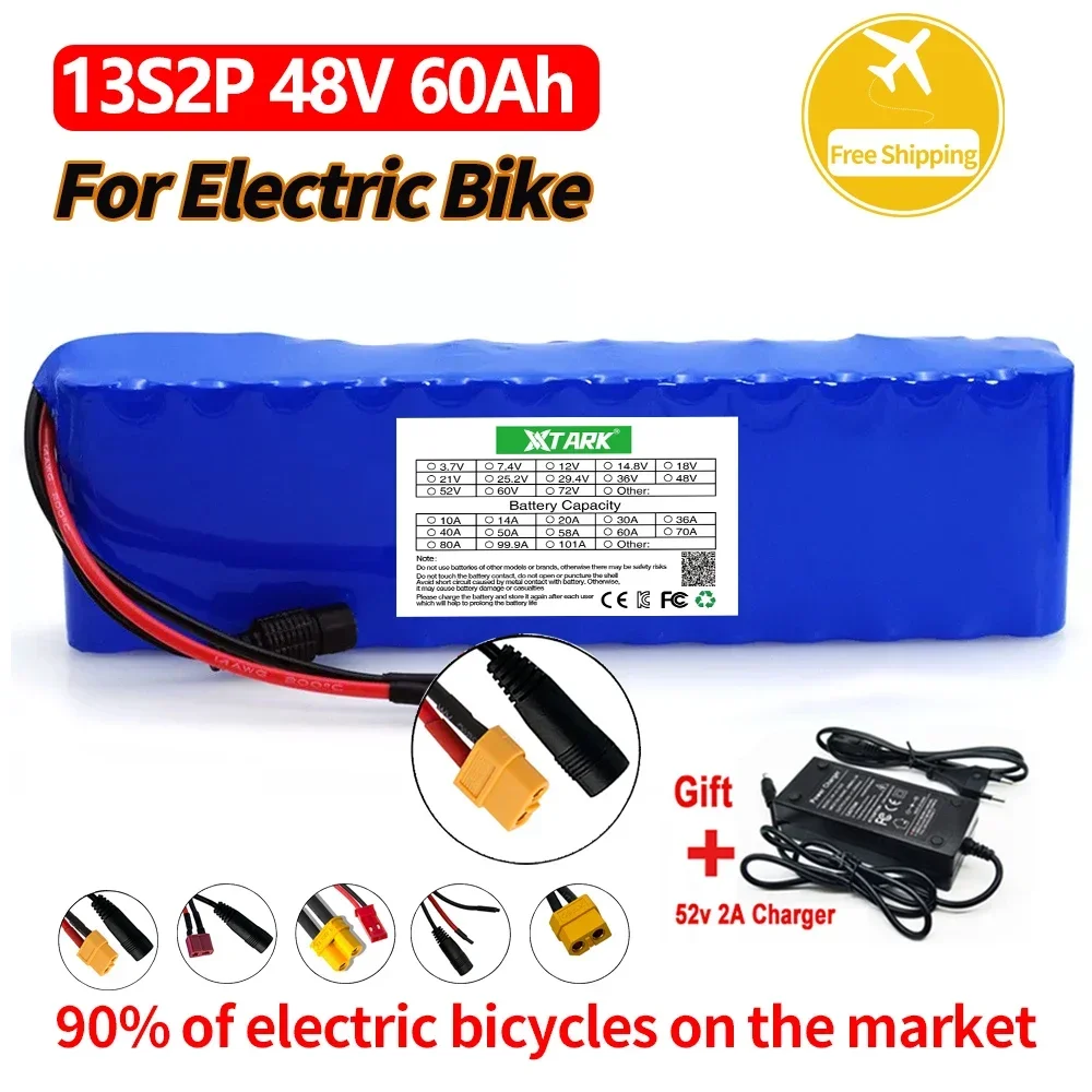 

Genuine E-bike 48v Battery Pack 60Ah 18650 Lithium Ion Battery 13S2P Bike Motorcycle Conversion Kit Electric Scooter Charger