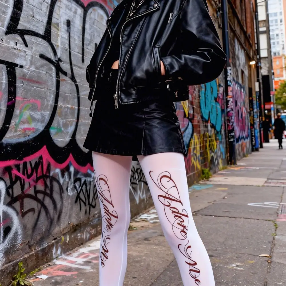 White Y2K Women's Long Socks Gothic Versatile Sexy Stockings Lingerie Subculture Silk Letter Printed Pantyhose Daily Use