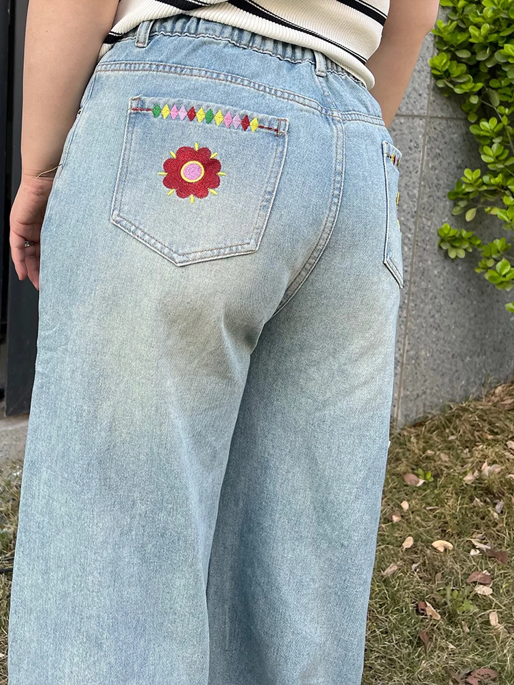 

Широкие брюки свободного кроя с вышивкой, цветные в горошек, больших размеров, женские джинсы, утягивающие, скрывающие недостатки фигуры, для полных женщин