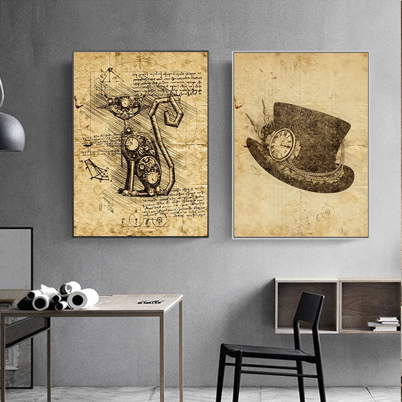 Vintage Steampunk Cat City Poster Retro Animals Owl Raven Frog Monkey Wall Art Canvas Painting Prints Pictures Home Room Decor