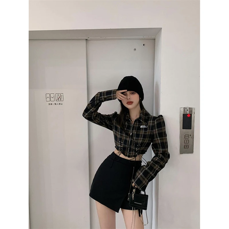 Y2K Streetwear Plaid Shirts Women Harajuku Bandage Tunic Crop Tops Vintage Korean Long Sleeve Zipper Slim Casual Chic Blouses