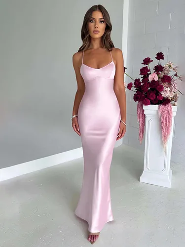 Imagen 2 del producto Articat-vestido ceñido de satén con tirantes finos para mujer, vestido largo Sexy con espalda abierta y cordones, vestido de noche elegante para fiesta y Club 2024