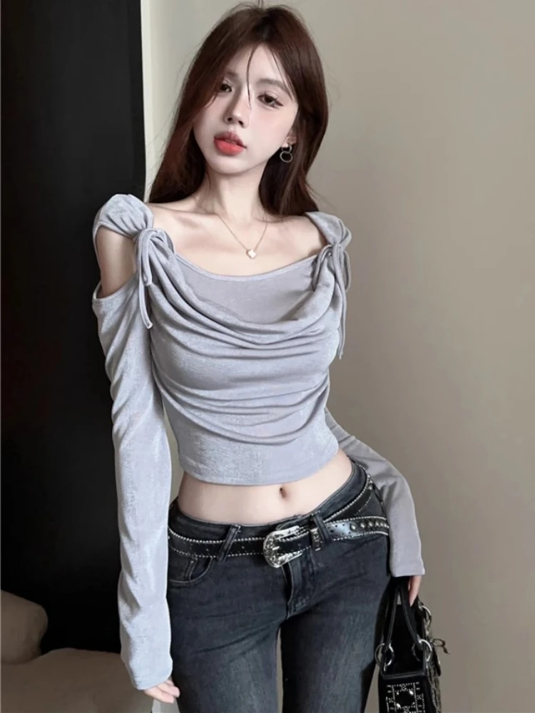 Y2k Aesthetic Long Sleeve Hollow Out Women T-shirts Chic Sexy Pleated Bow Crop Top Vintage Streetwear Fashion Tee Shirts Femme