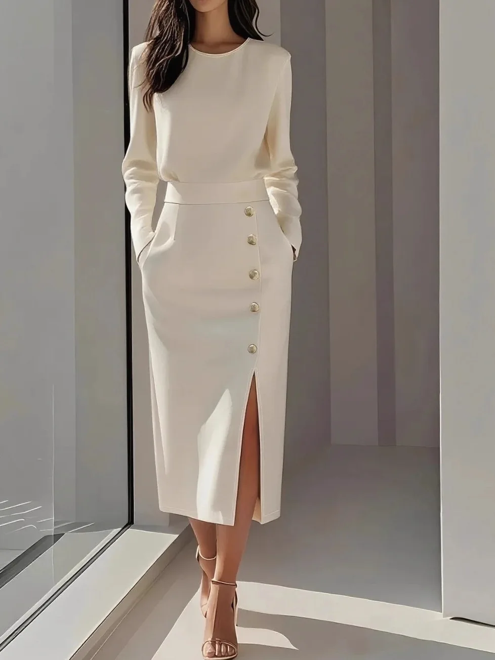 

Ele Pure Color round Ne Waist Cinched Button Decorated Split Dr Skirt Women's Faion Autumn 2025 Long Sve Gown