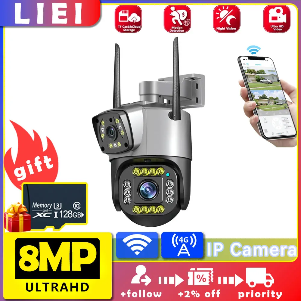 

LIEI 4+4 PTZ IP 360 Cameras 4G/WIFI Surveillance Camera 8MP Dual Lens Wireless Outdoor Security AI Human Detect Digital CCTV Cam