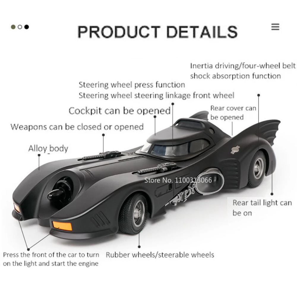 1/18 Scale Batmobile Sports Car Model Toy Alloy Diecast Simulation Metal Vehicle Sound Light Pull Back Car Toys for Child Gifts