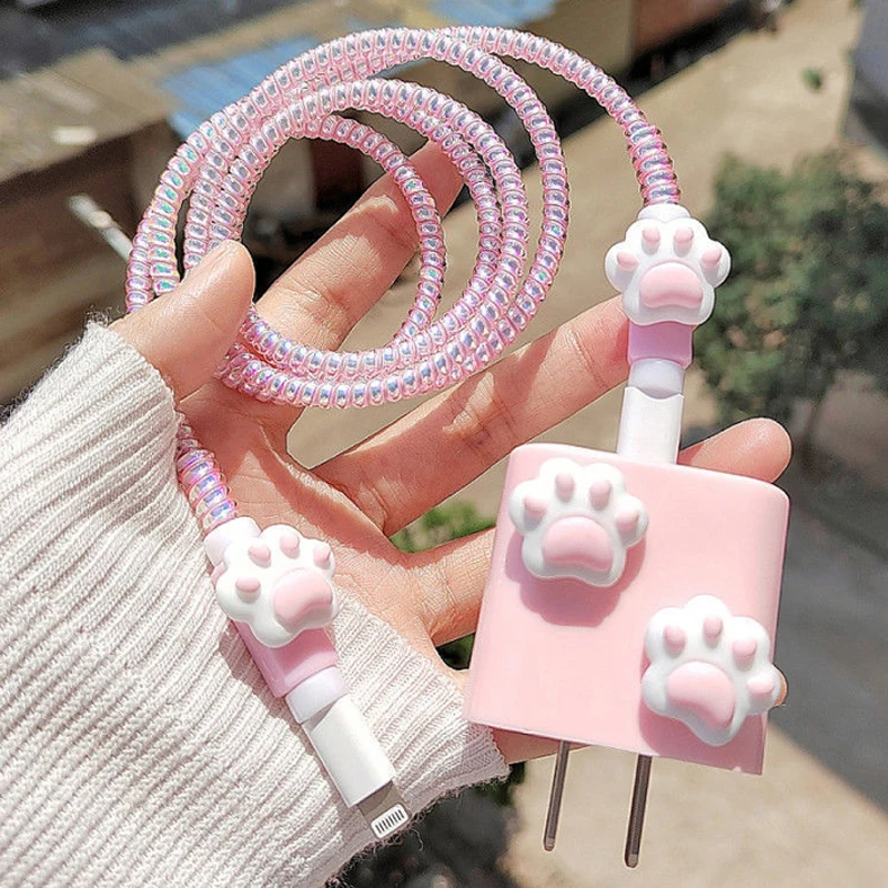 Five Piece Set Pink Cable Protector For Iphone 15 14 13 12 18W/20W Original Charger Protection Cover Data Line Winder Protective