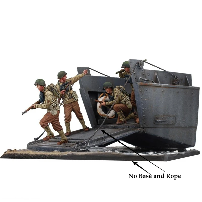 1/35 Scale Die-Cast Resin Figure Model Kit Soldiers Landing 5 Figures & Landing Craft (No Base and Rope) Unassembled Unpainted
