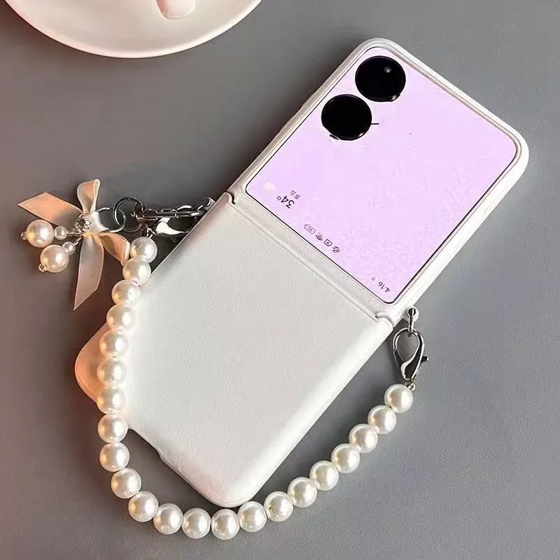 Korean Crossbody Lanyard Strap Retro White Bow Pendant Pearl Bracelet Phone Case for Galaxy Z Flip 6 Z Flip5 Shockproof Cover