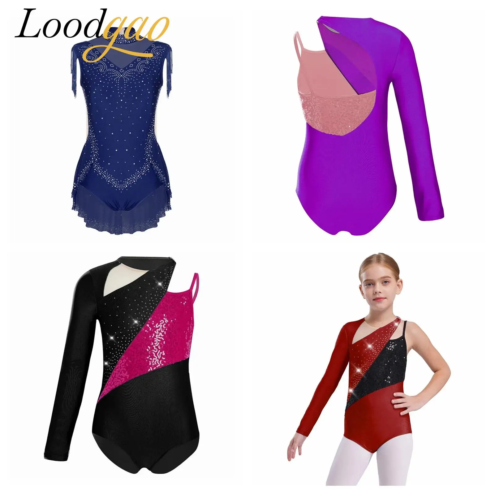 

Teen Ballet Dance Leotard Skating Bodysuit Girls Rhythmic Gymnastics Jumpsuit Children Sheer Mesh Tassel Skirted Bodysuits Kid