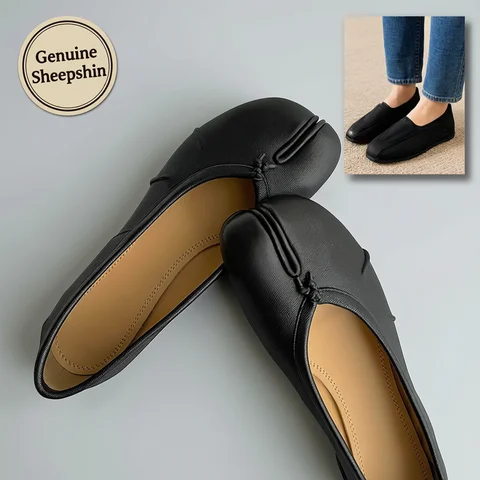 High Quality Womens Split Toe Ballet Flats Genuine Soft Sheepskin Pig Toe Shoes Pleated Design Casual Daily Walking Shoes