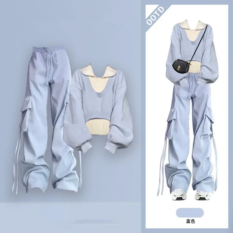 Girl Autumn Winter New Fashion Tracksuit Matching Set Korean Elegant Knit Sweater+vest+Cargo Pants 3-piece Suit Female Clothing