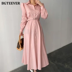 BGTEEVER Vintage Turn-down Collar Single-breasted A-line Dress Women Elegant Long Sleeve Belted Slim Waist Female Dress vestidos