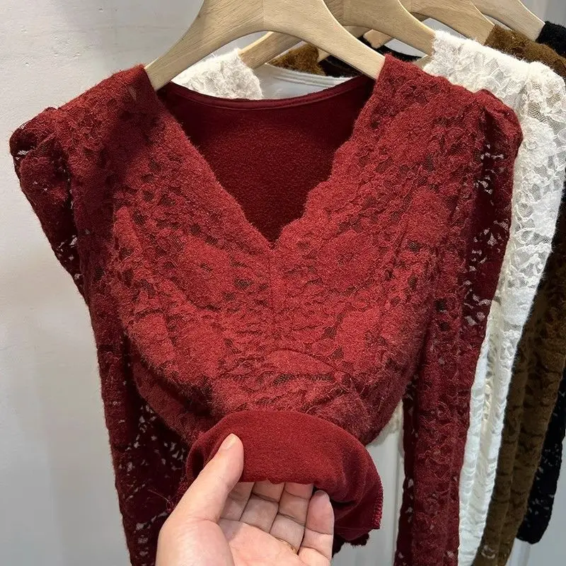 

plus Size Fce Lined Long Sve Lace Top Women's Faion Autumn Winter Slimming Inner Bubble Sve Base irt Top