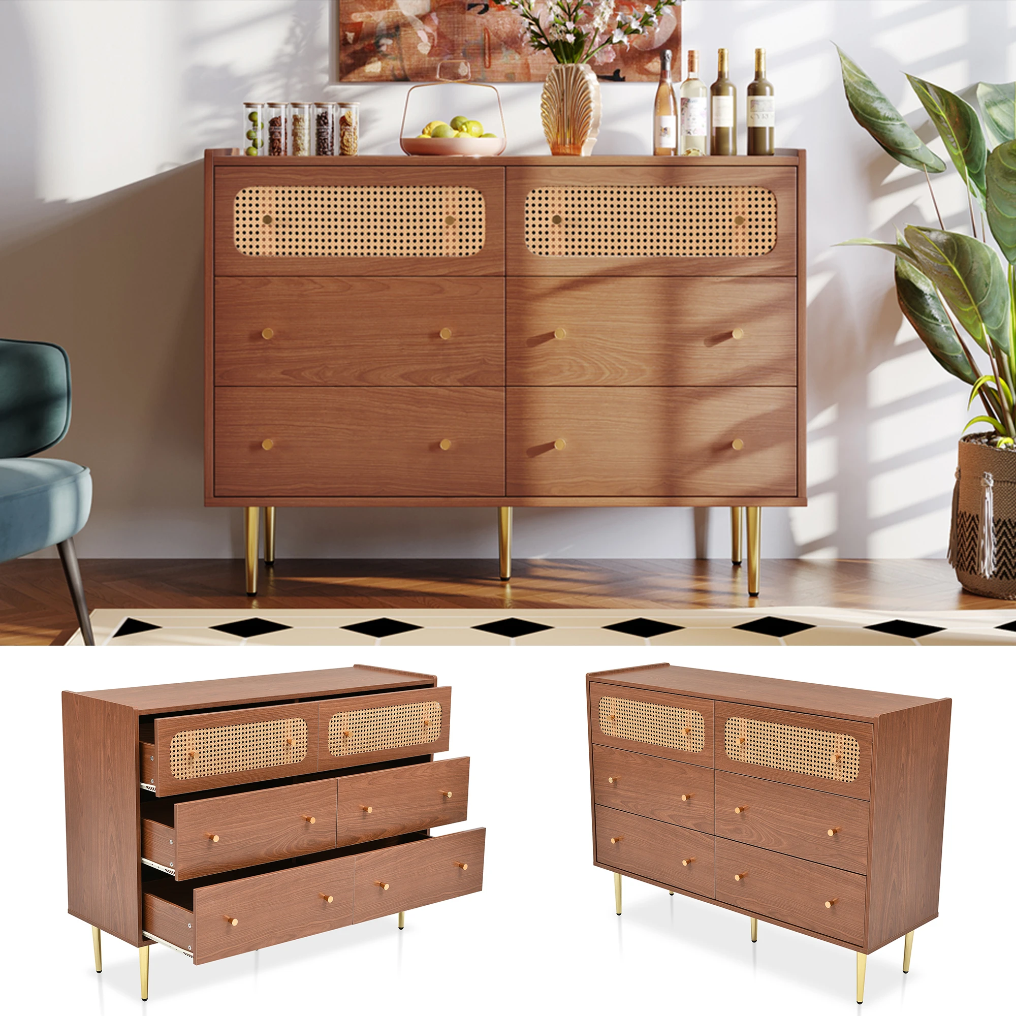 VSOGA Dresser with 6 Drawers, Rattan Sideboard, High Board for Bedroom, Walnut, 90x120x40cm