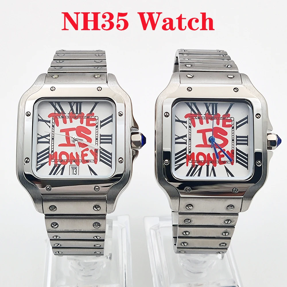 นาฬิกาผู้ชาย NH35 หน้าปัดทรงสี่เหลี่ยม หน้าปัดแบบปรับแต่งได้ สายสแตนเลสแบบพับได้ เหมาะสำหรับอุปกรณ์เสริมนาฬิกาแบบกลไก NH35