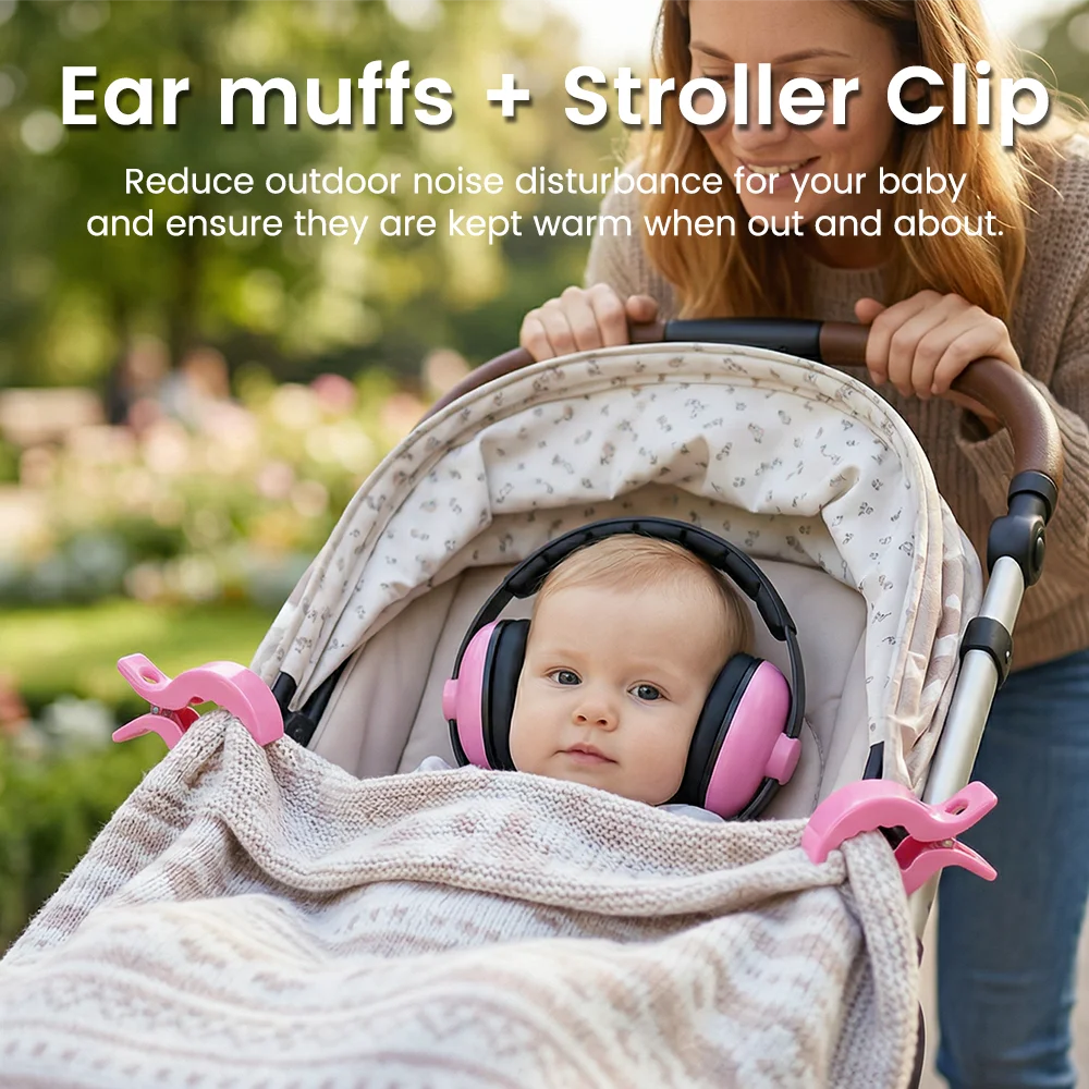 baby ear muff, with baby stroller fixing clip, adjustable headband ear muff accessory, suitable for outdoor travel, baby strolle