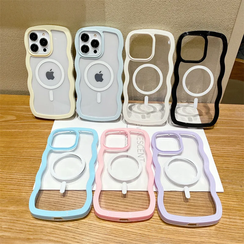 Koreanische Bonbonfarbe, gewellter Rahmen, magnetische Handyhülle für iPhone 16, 15, 14, 13, 12, 11, Pro Max, transparente, stoßfeste Schutzhülle