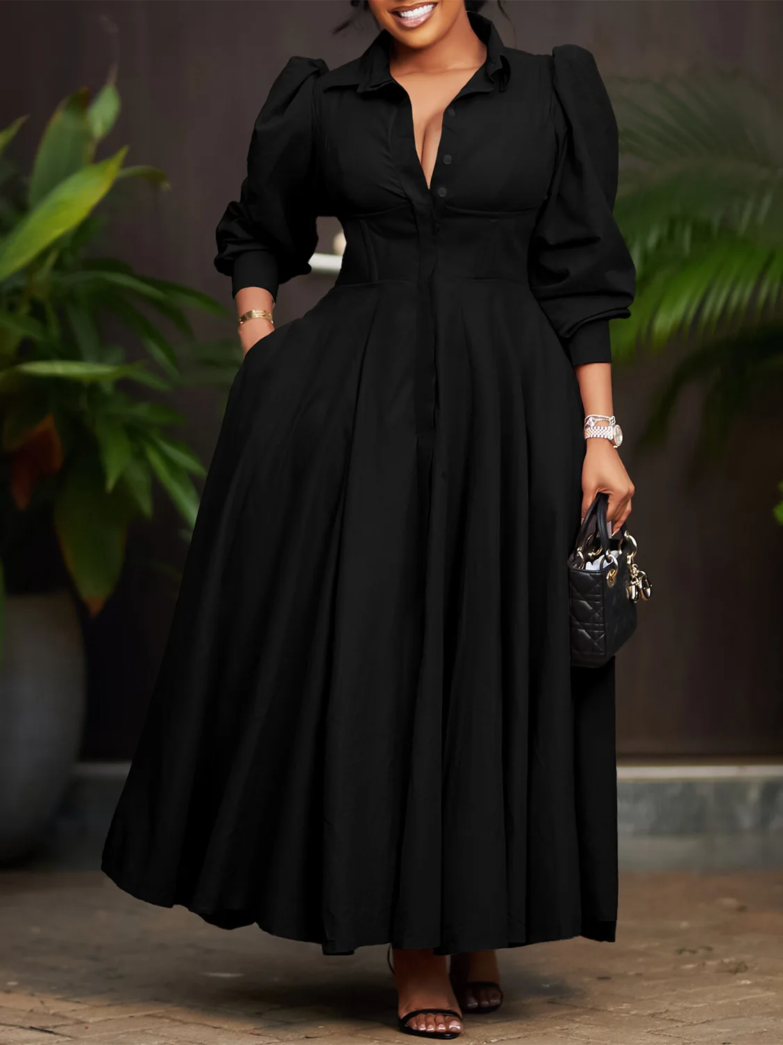 Women's elegant long sleeved shirt with a large hem, luxurious and fashionable solid color, medium to long African dress