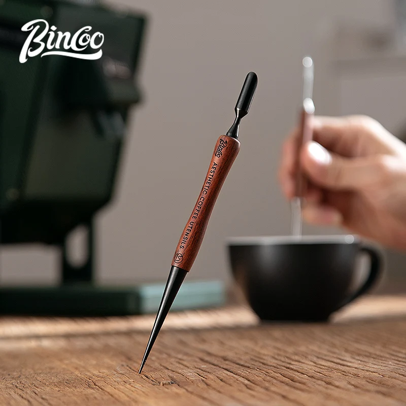 Bincoo Coffee Latte Art Needle Red Rosewood Stainless Steel Titanium-Plated Carving Needle Fancy Professional Hook Pattern Italian Style Supporting Equipment