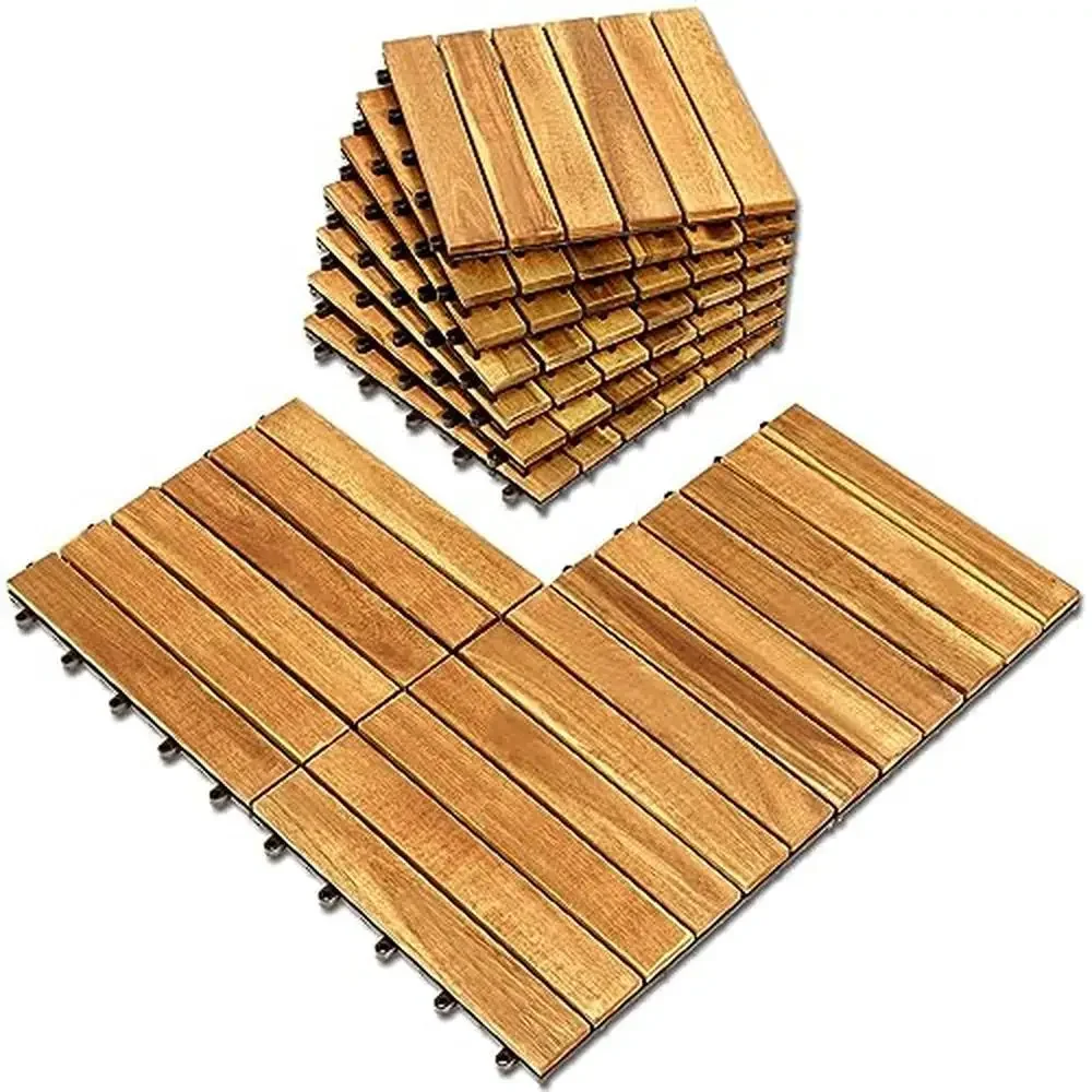 

Interlocking Acacia Hardwood Deck Tiles 12x12 Pack of 10 Solid Oiled Finish Waterproof Indoor Outdoor Flooring Easy Install