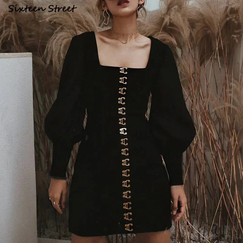 Vintage Neue Schwarze Kleid Frau Einreiher Square Neck Bodycon Kleid Weibliche Herbst Lange-sleeve Sexy Abend Party Kleider