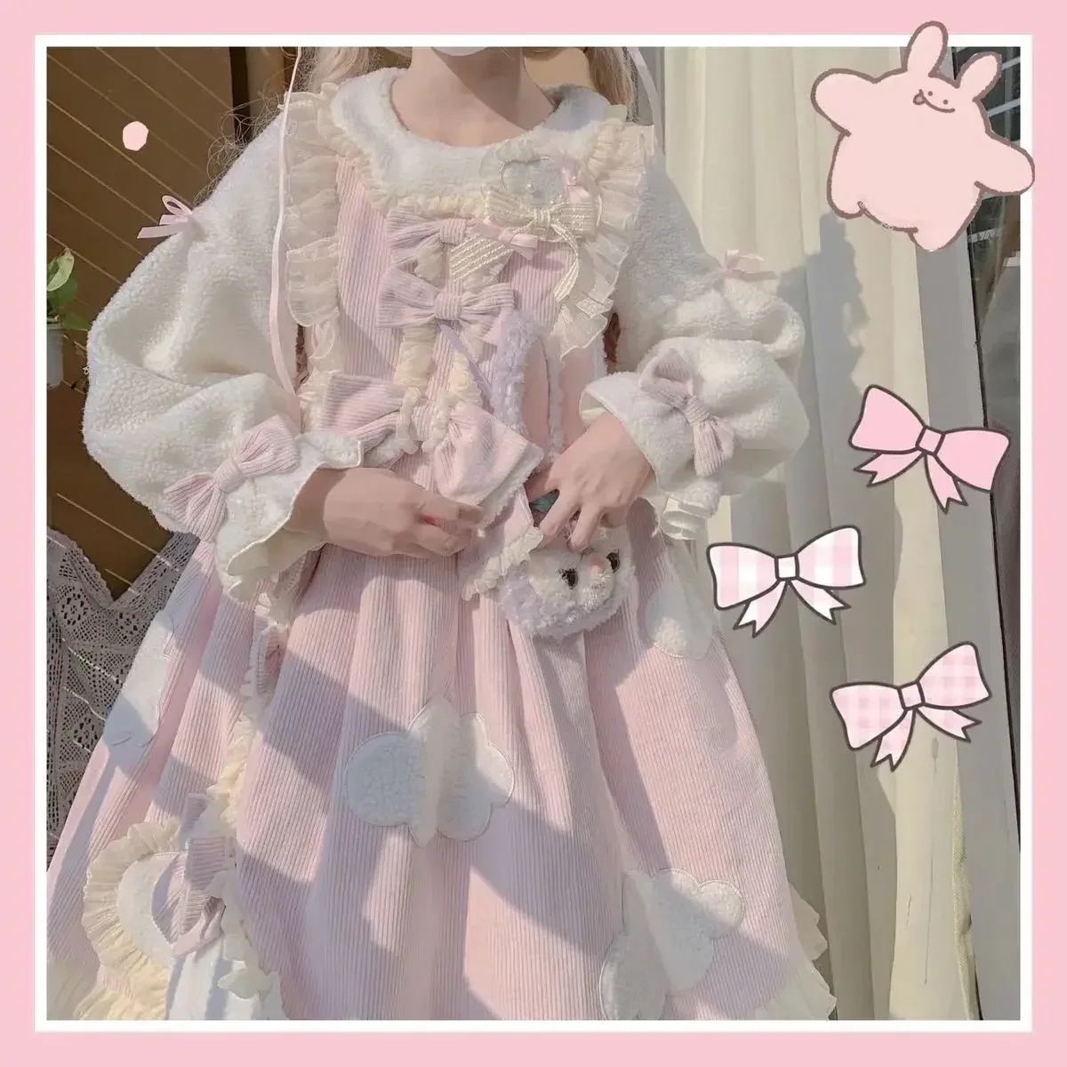 NONSAR Autumn Winter Thickened Warm Cloud Lolita Dress Girl Japanese Sweet Doll Collar Long Sleeve Bow Ruffles Cute OP Dress