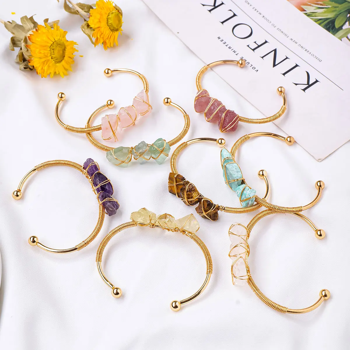 1PC Natural Crystal Lrregular Rough Raw Stone Bracelet Hand Woven Copper Wire Open Bracelet Jewelry Making For Women Jewelry