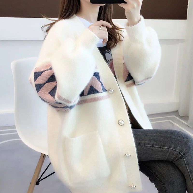 2024 Printed Lantern Sleeve Knit Cardigan Women Oversize Single Breasted Cardigan Coat Woman Korean V Neck Sweater Cardigans