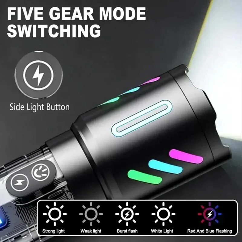 Super Bright LED Flashlight Type-C Rechargeable Zoom Fluorescent Strip Torch Built-in Battery Emergency Rescue Light