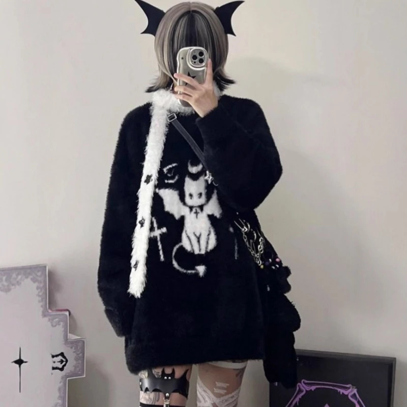 

Harajuku готические повседневные вязаные джемперы большого размера в стиле гранж свитер с героями мультфильмов модный трикотаж Y2k эстетический свободный пуловер Balack