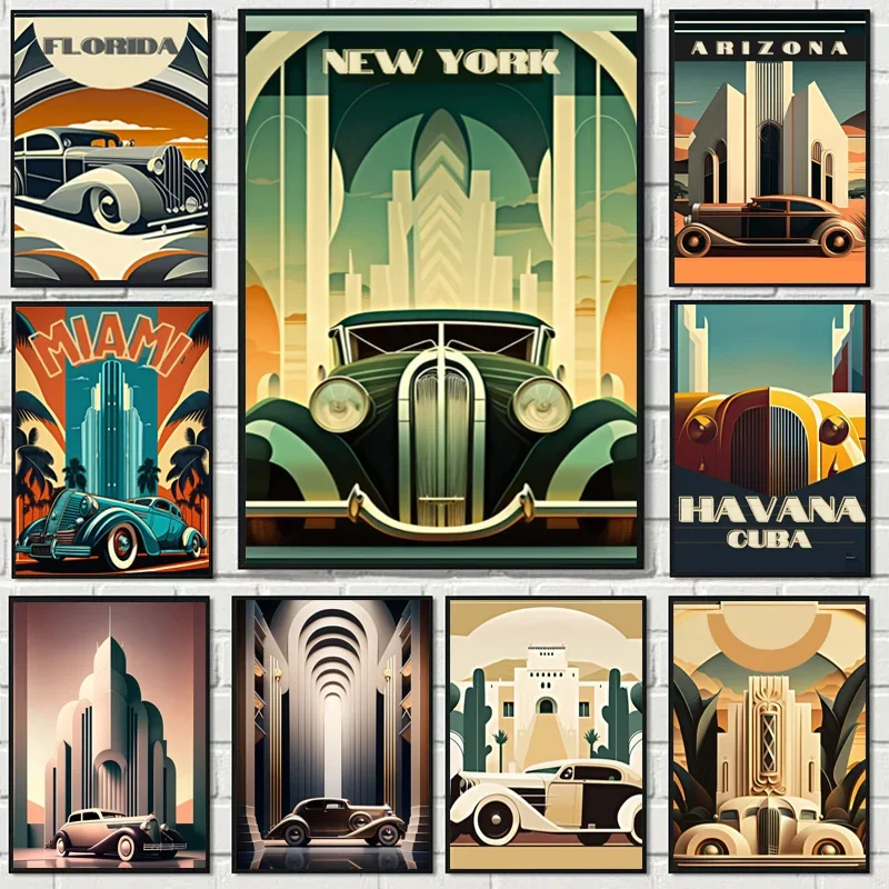 1920s Retro Art Deco Style Abstract Luxury Vintage Car Architecture Poster Canvas Painting Wall Pictures Home Room Decor Gift