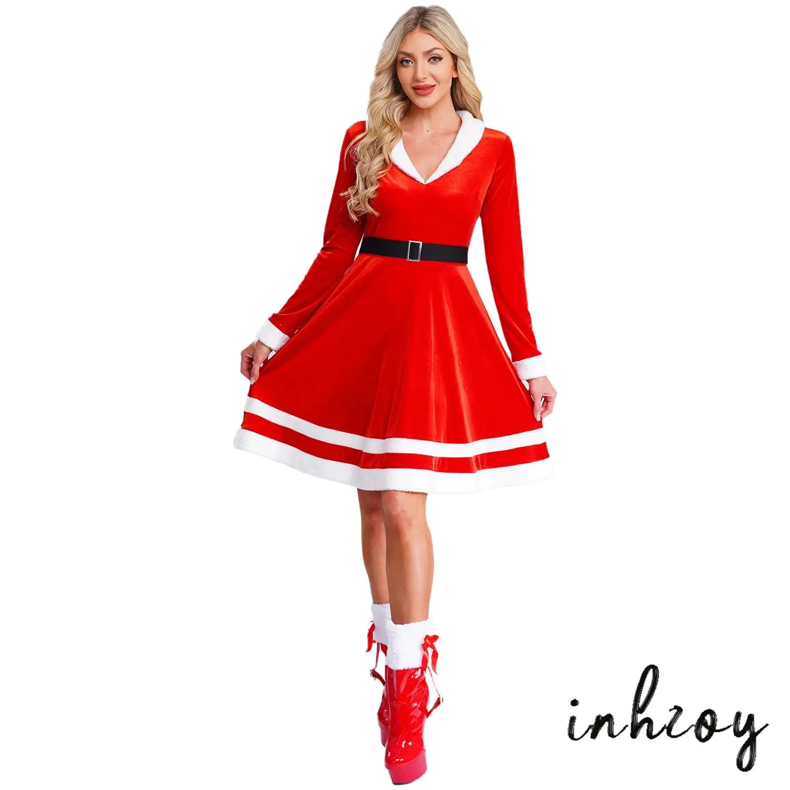 

Women Cosplay Santa Costumes V-Neck Long Sleeve Cinched Waist Design Christmas Dress for Festival Parties Stage Performance