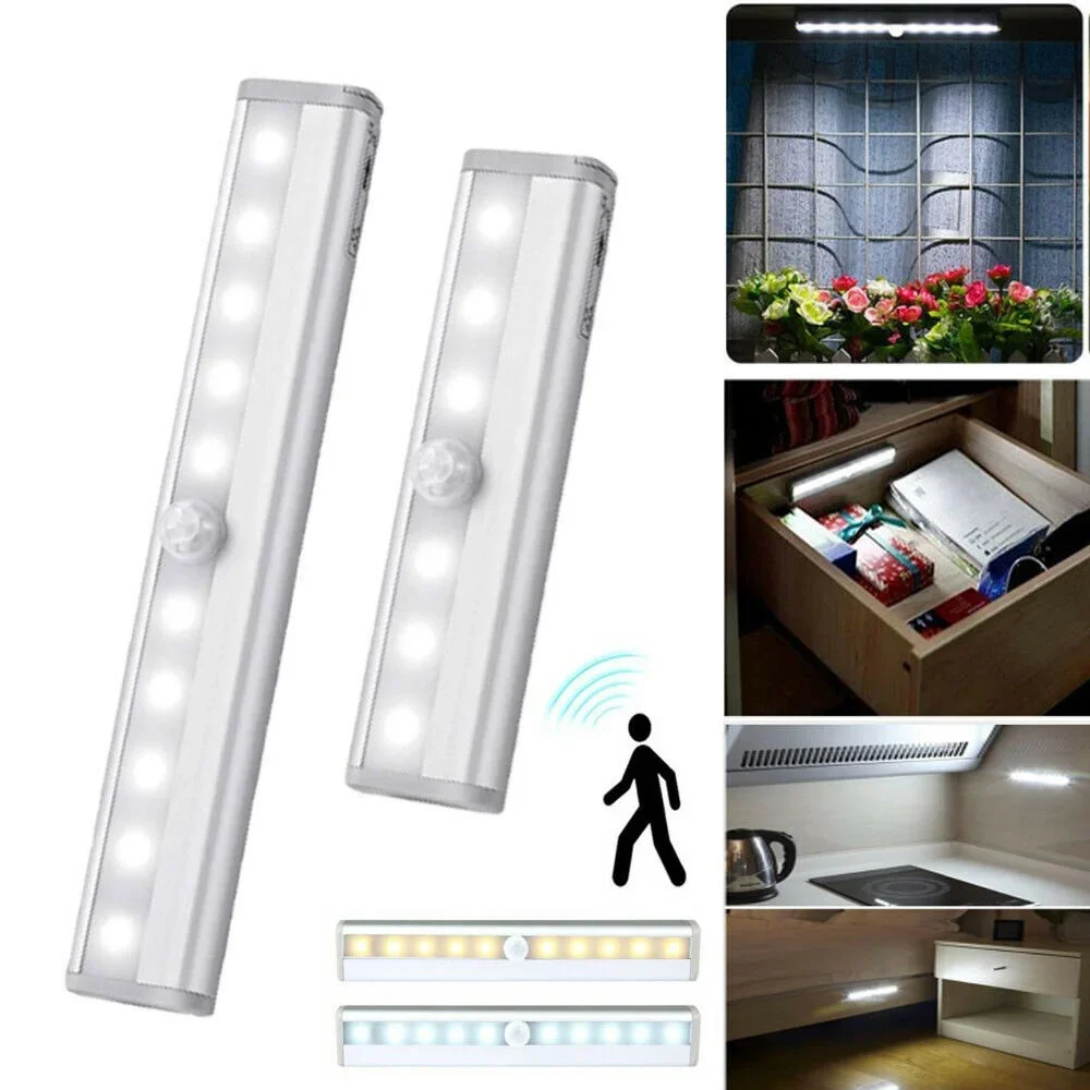 Bright 10 LEDs PIR LED Motion Sensor Light Cupboard Wardrobe Bed Lamp LED Under Cabinet Night Light For Closet Stairs Kitchen