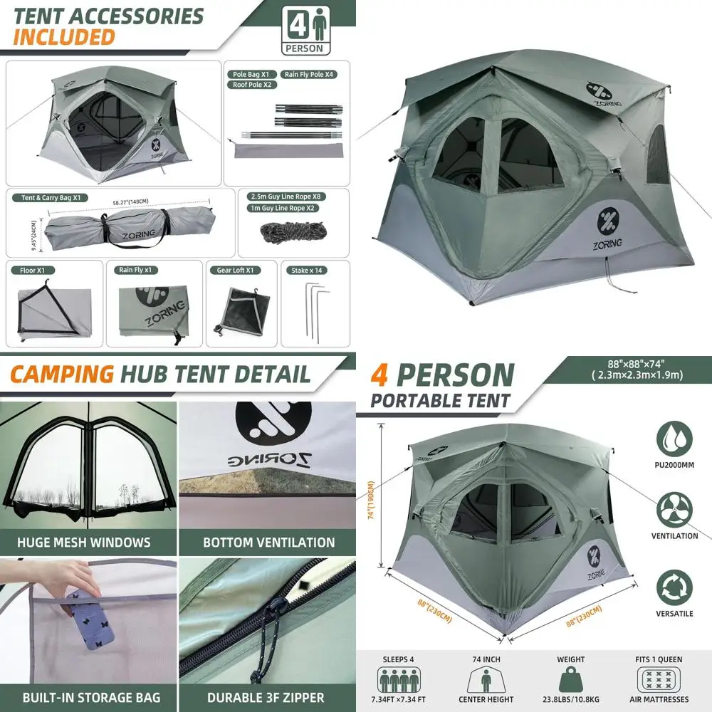 

4-Person Instant Cabin Tent, Waterproof & Windproof, Easy Setup with Removable Floor for Camping & Outdoor Adventures