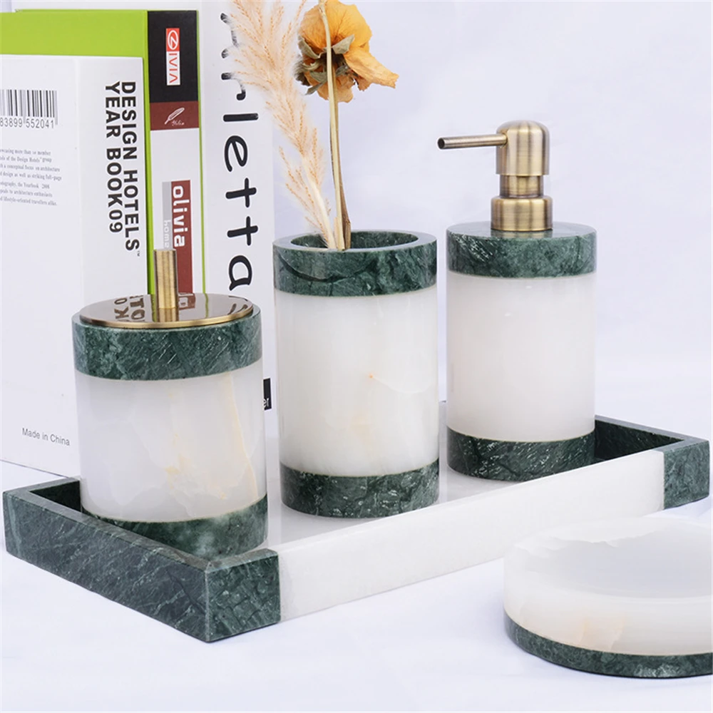 Jade High-Grade Marble Washbasin Set Cotton Swab Box Lotion Bottle Soap Dish Tray Suitable For Bathroom Marble Washbasin Set