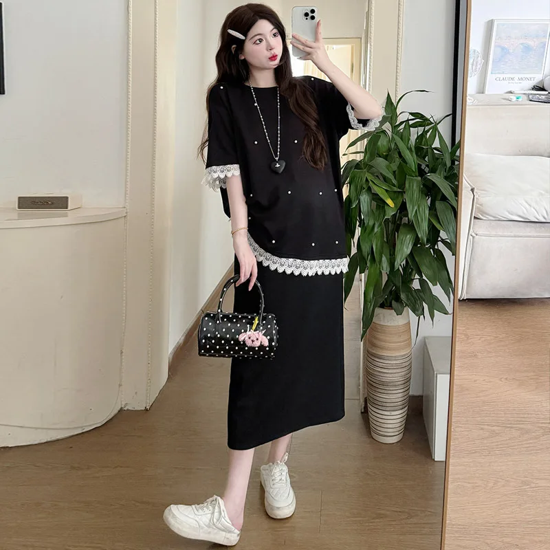 Abito estivo incinta 2025 Nuovo design estivo Set mezza gonna casual con giunture in pizzo