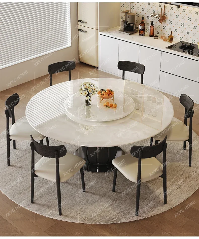 AAImported Natural Marble Round Dining Table And Chair Assemblage Zone Turntable Solid Wood Retro Minimalist Round Table