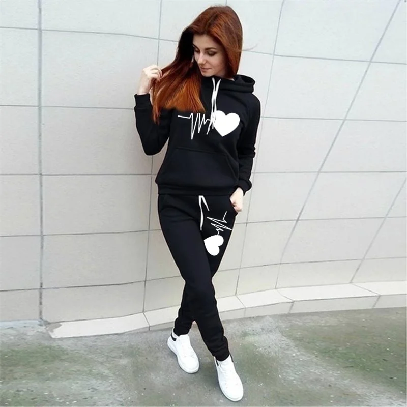 Fashion Heart print WomenHoodie Set Women Sportsuits Two Piece Suits Hooded Sweatshirts Long Pants Autumn Winter