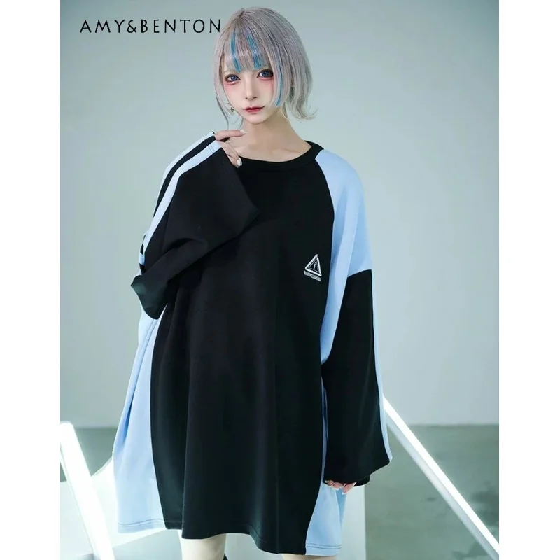 25COSاليابانية Harajuku Ililil نظام ألوان مائية اللون مطابقة القمصان للنساء ربيع جديد Y2K منتصف طول المتضخم تي شيرت