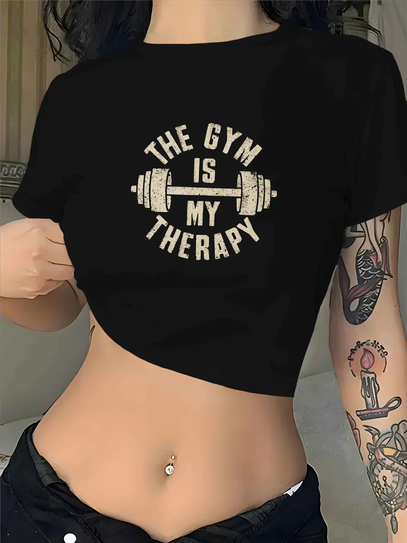 

Женская укороченная футболка с рисунком Y2K The Gym Is My Place To Relax, средний эластичный топ с круглым вырезом и короткими рукавами