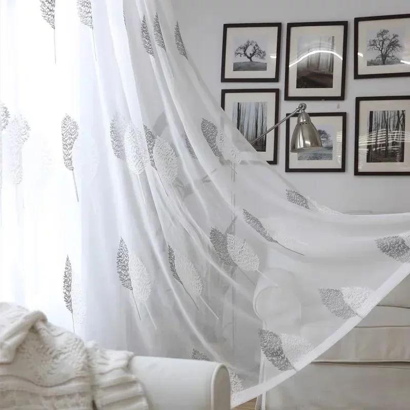 White and Gray Two-color Embroidered Leaves Gauze Curtain 1PC Simple Natural Two-color Leaves Curtain Living Room Bedroom