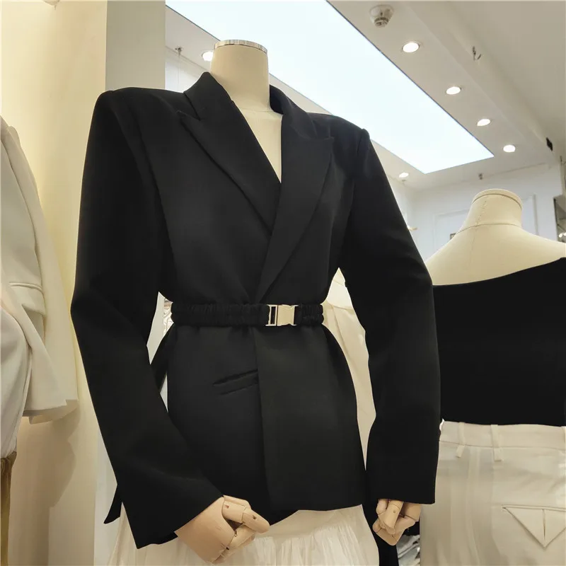 Spring Fashion Slimming Design Suit Jacket with Belt Side Slit And Buckle Pure Color Commute Style Long Sleeve Regular Fit