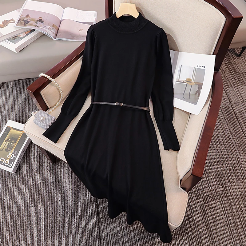 EHQAXIN Autumn Winter New Ladies Knitted Dresses 2022 Fashion Casual Black Long Loose Sweater Dress With Belt For Womens L-4XL