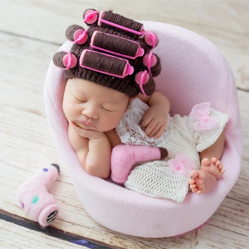 Newborn Photography Props Baby Girl Bathrobe Hair Stype Theme Set Salon Hairdryer Hat Set for Studio Photoshoot Accessories