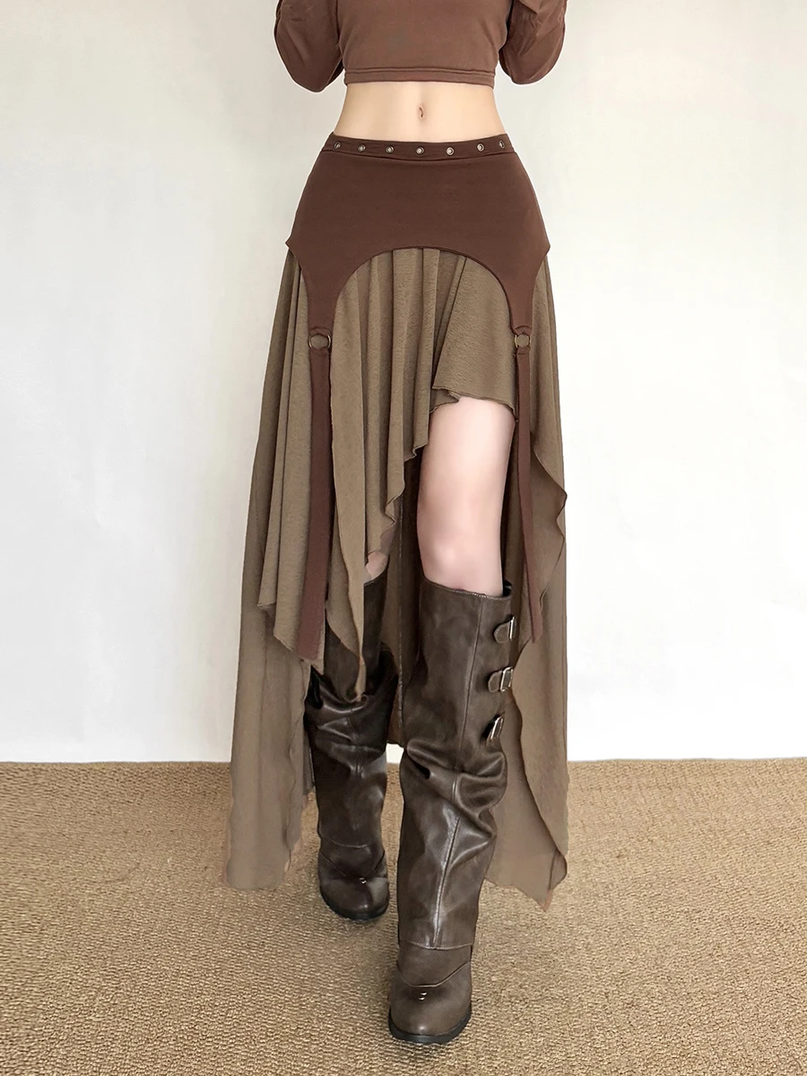 กระโปรงทรงเอวสูงสไตล์เรโทร ดีไซน์แปลกตา ทรงพลิ้วไหว กระโปรงยาวทรงเอ ไม่สมมาตร ผ้าโพลีเอสเตอร์แฟชั่น