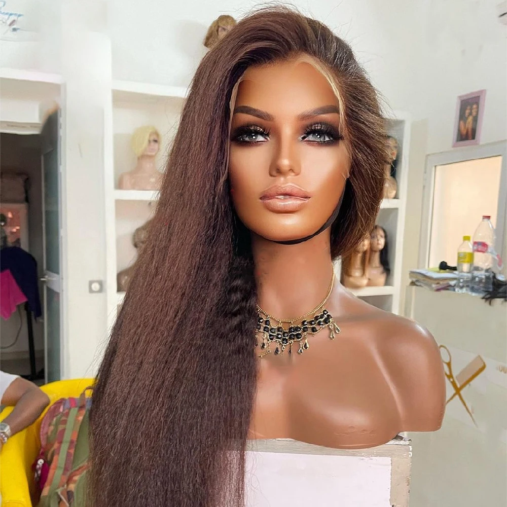 Yaki Мягкий Коричневый Кудрявый Прямой Парик 180 Плотность 26 Дюймов Длинный Парик Фронта Шнурка Для Чернокожих Женщин С Волосами Младенца Предварительно Сорванные Бесклеевые Ежедневно