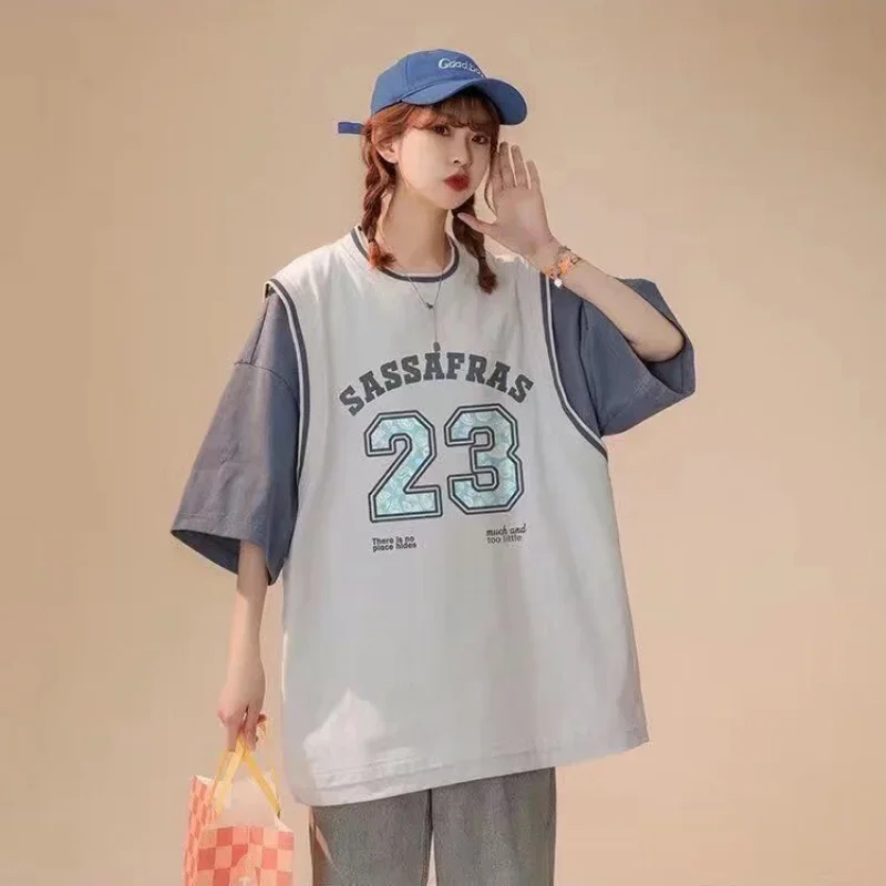 DAYIFUNブルーボールスーツフェイクツーピースTシャツ女性半袖Tシャツ韓国原宿スタイルトップスルーズBfスタイル夏新品