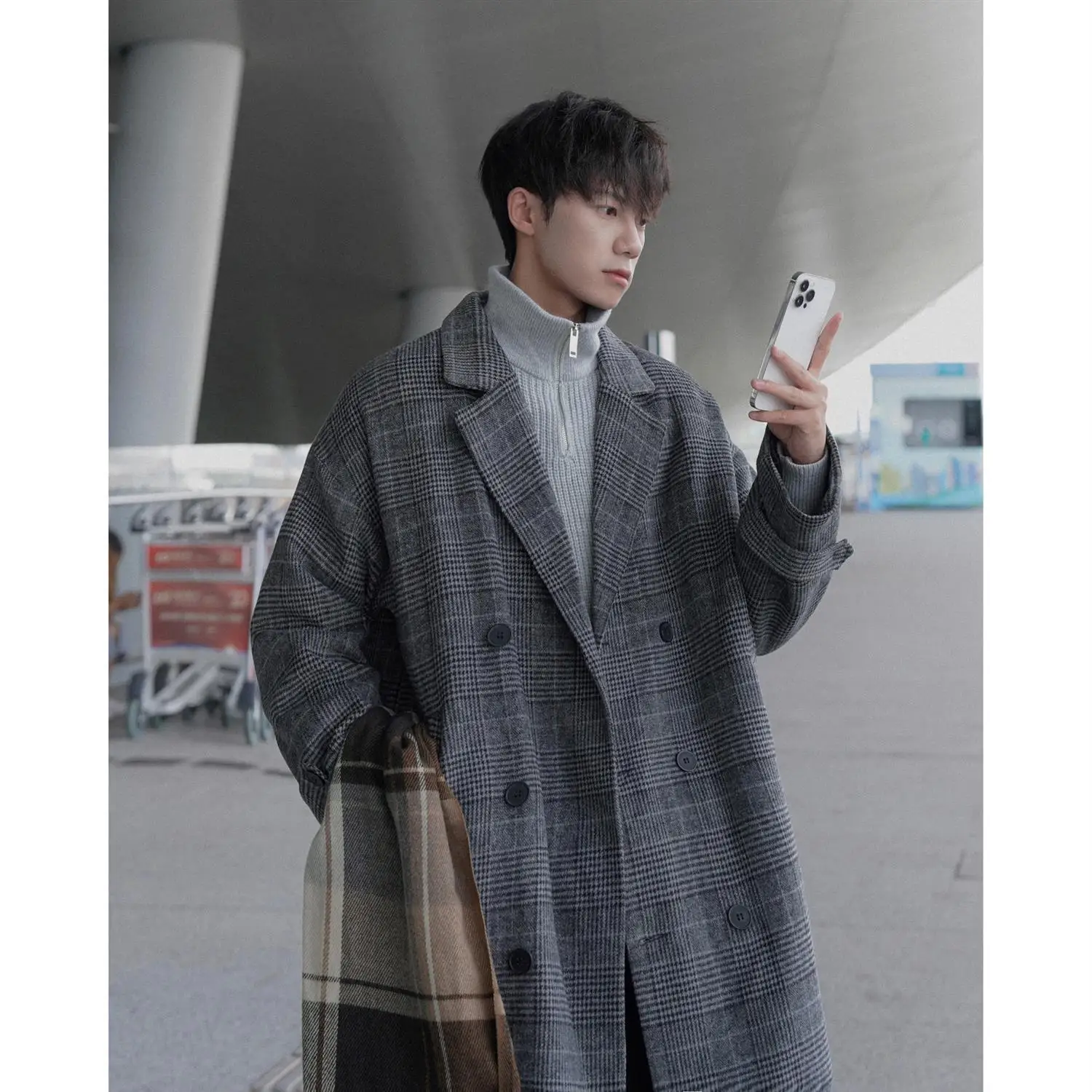 

Мужское длинное пальто из шерстяной смеси с поясом, X-образным вырезом на талии, узким приталенным кроем, укороченное